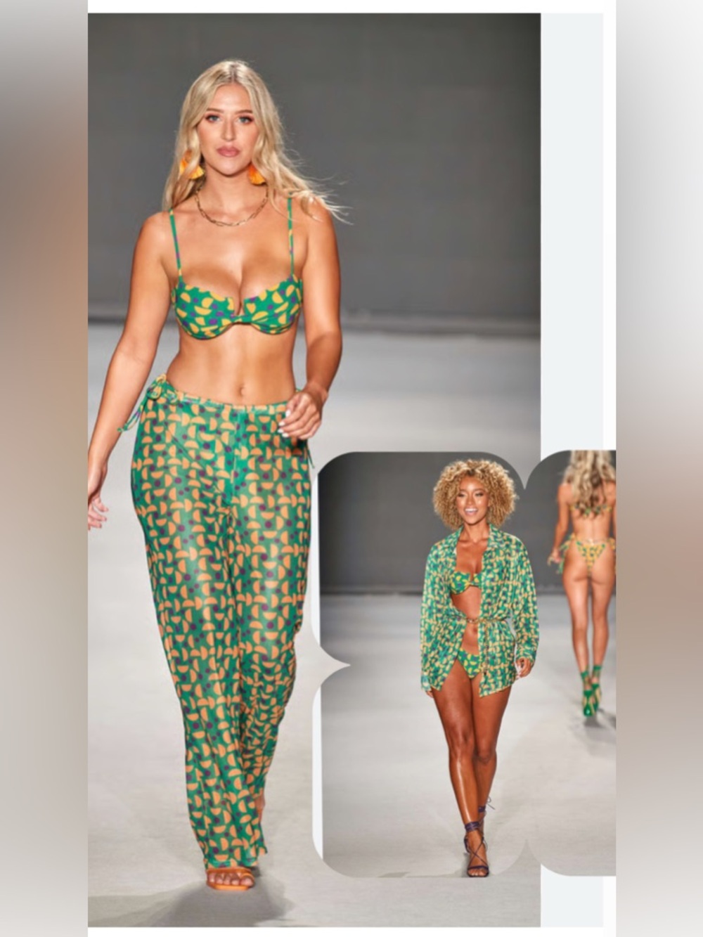 KITTENISH  💚🧡Green Geometric Print SET Wide-Leg Pants  mesh swimsuit coverup NWT